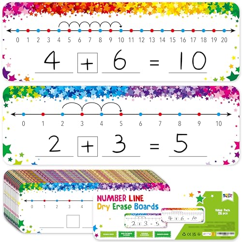 26 PCS Number Line Dry Erase Boards, Writable and Erasable Double Sided Board-0-10 on One Side & 0-20 on Other Side Math White Board for Kids, Students, Classroom and Home (12” x 4”, Colorful Stars) - color: Colorful Stars, size: 0-10/0-20 -26 Packs