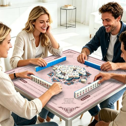 Pink Mahjong Mat for Table with Rules, 31.5" x 31.5" Noise Reduction Non Slip Waterproof Mah Jong Table Mat with Carrying Bag, Suitable for Mahjong, Poker, Board Games, Dominoes, and Card Games - color: Pink