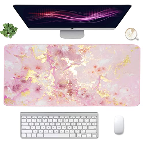 Extended Gaming Mouse Pad(35.4x15.7 in), Large Desk Pad Laptop Computer Keyboard Mat Waterproof Desk Decor Writing Pad for Work, Game, Office, Home - Pink Gold Marble - color: Pink Gold Marble-1