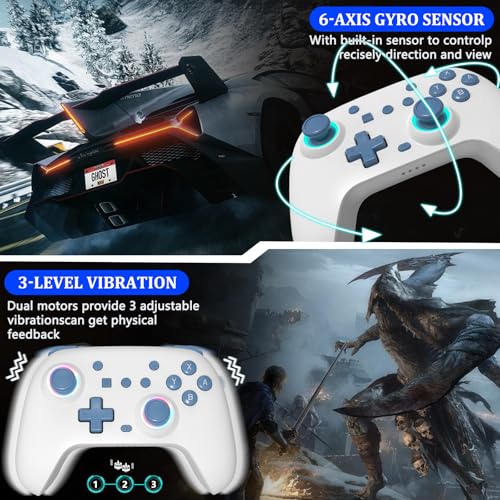 SZYUYU Switch Controller for Switch 2,Switch Pro Controller for Switch/OLED/Lite/PC with 7 Colors LED Light/3-level TURBO Adjustable,4-Speed Dual Vibration/Hall Effect Sticks/Wake Up/Gyro Axis Motion (White) - color: White