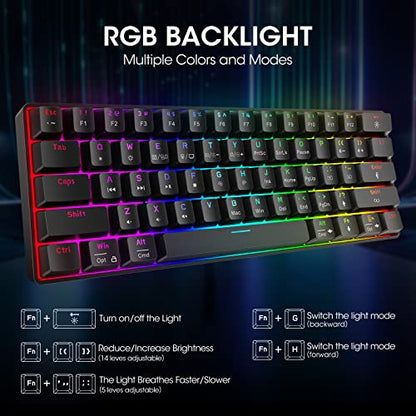 KOORUI 60% Gaming Keyboards, 61 Keys Wired Ultra-Compact Mechanical Keyboard 26 RGB Backlit with Red Switch Mini Keyboards for Windows MacOS Linux - color: Blue Switch