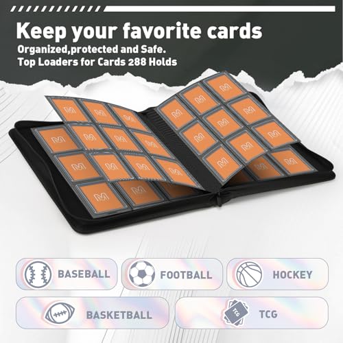 Toploader Binder,Trading Card Binder Storage Hold up 288 Cards 9-Pocket Top Loader Binder with Sleeves for 3"x4" Rigid Toploaders Hard Cases (9Black) - color: 9Black