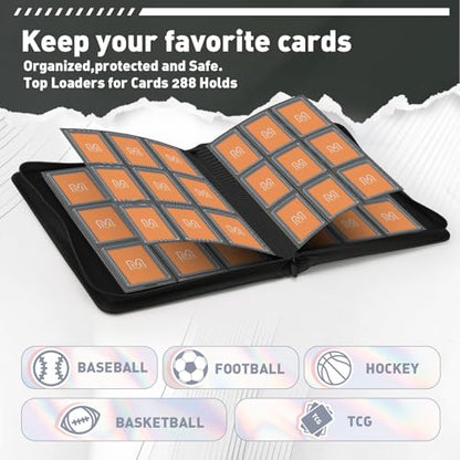Toploader Binder,Trading Card Binder Storage Hold up 288 Cards 9-Pocket Top Loader Binder with Sleeves for 3"x4" Rigid Toploaders Hard Cases (9Black) - color: 9Black