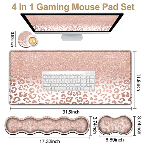 Large Mouse Pad and Gel Mouse Wrist Rest+ Memory Foam Keyboard Wrist Rest Support Set, Non-Slip Rubber Base for Office,Home,Computer, Extended Gaming Mousepads XXL Leopard Star Pattern Pink Desk Mat - color: JV-mouse pad-8-17