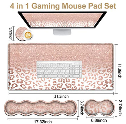 Large Mouse Pad and Gel Mouse Wrist Rest+ Memory Foam Keyboard Wrist Rest Support Set, Non-Slip Rubber Base for Office,Home,Computer, Extended Gaming Mousepads XXL Leopard Star Pattern Pink Desk Mat - color: JV-mouse pad-8-17