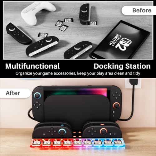 Charging Dock for Swi-tch 2 with Game Card Storage & RGB Light | Compact all-in-one station charges 4 controllers and stores 9 game cards for neat organization