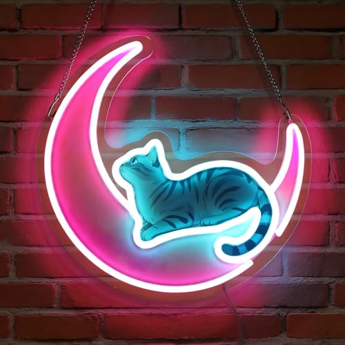 LED Moon Cat Neon Sign Light Up Animal Lights Lighted Cute Neon Signs for Bedroom Dorm Hallway Garage Bar Gaming Room Party Funny Wall Decor Art Gifts - color: Moon cat