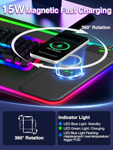 XL RGB LED Gaming Mouse Pad with 15W Magnetic Wireless Charging | 31.5'' x 11.8'' Large Desk Mat, 24 Lighting Effects Keyboard Pad with Non-Slip Rubber Base, Waterproof Easy Gliding Surface - color: RGB-Magnetic Right Charger-31.5"x11.8"