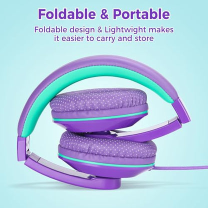 rockpapa Comfort+ Kids Headphones with Microphone, Boys Girls Student Over-Ear Headphones Wired Foldable for School Classroom Laptop PC Computer Tablet Purple Green - color: Purple/Teal