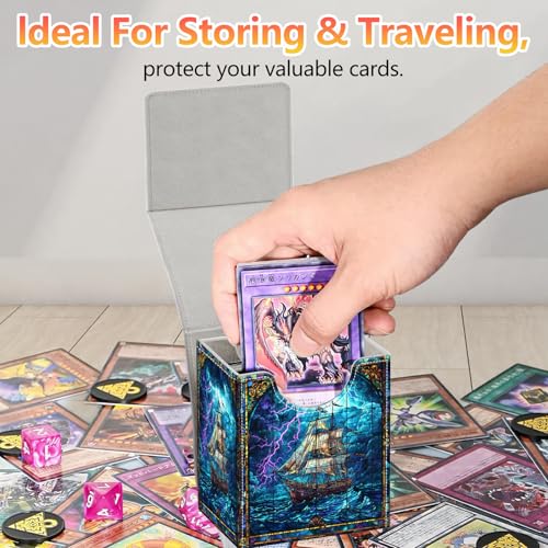 Card Deck Box, Card Storage Box Fits 100+ Single Sleeved Cards, Large Capacity PU Leather Card Storage Box with Strong Magnet for Magic Commander TCG/CCG, Ocean Ship - color: Ocean Ship
