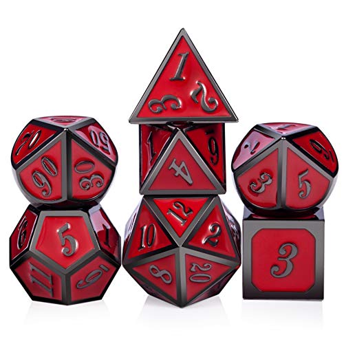 DnDnD Red D&D Game Dice,7 Die Polyhedral Metal Dice with Gift Metal Tin for RPG DND Dungeons and Dragons Dice Collector Board Game Player - color: Black Number Red