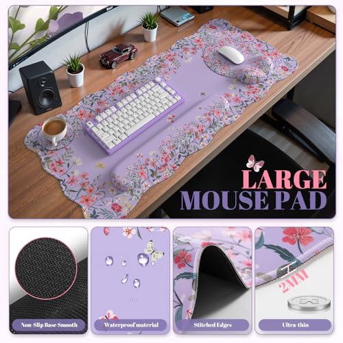 iCasso Desk Mat Set,Large Mouse Pad with Wrist Rest,Ergonomic Keyboard Wrist Support for Women,Girly Floral Computer Mat with Scalloped Edges,Non-Slip Desk Pad Home Office Gaming (Purple) - color: Purple