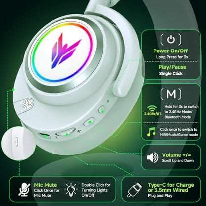Wireless Gaming Headset with RGB Lights & 3 Audio Modes for PS5 PS4 PC | 100H Battery, 2.4GHz USB/Type-C & Bluetooth 5.4, 7.1 Surround Sound, Noise Cancelling Mic for Switch Mac