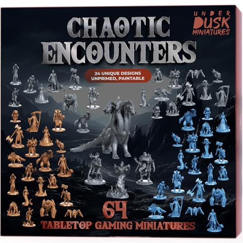 Underdusk Chaotic Encounters: 64 DND Miniatures for Dungeon Masters – 24 Designs, 28mm Bulk Set with 4 Bosses (Hydra, Fire Elemental, Gluttony, Forest Guardian) – Unpainted, 5e Stat Blocks Included