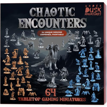 Underdusk Chaotic Encounters: 64 DND Miniatures for Dungeon Masters – 24 Designs, 28mm Bulk Set with 4 Bosses (Hydra, Fire Elemental, Gluttony, Forest Guardian) – Unpainted, 5e Stat Blocks Included