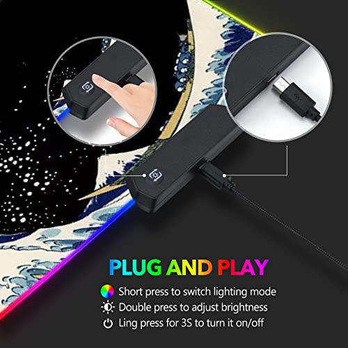 RGB Gaming Mouse Pad Large, AIMSA Keyboard Led Mousepad Extended 35.4 x 15.8 inch Non-Slip Rubber Base with 14 Lighting Modes, Big Desk Mat Waterproof, Big Waves - color: Big Waves