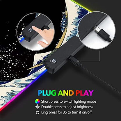RGB Gaming Mouse Pad Large, AIMSA Keyboard Led Mousepad Extended 35.4 x 15.8 inch Non-Slip Rubber Base with 14 Lighting Modes, Big Desk Mat Waterproof, Big Waves - color: Big Waves