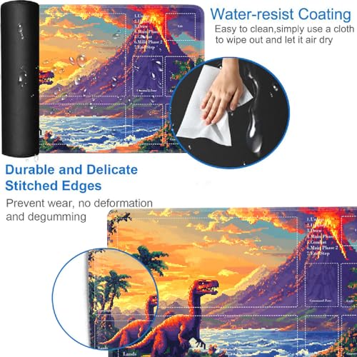 for MTG Card Playmat with Zones-Includes A Storage Bag and 6 Dice, 24 x 14 inches for TCG Playmat with Non-Slip Rubber, Game Mat, Dinosaur Volcano Eruption - color: Yux-playmats-2-2A-286