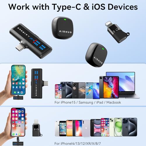 Wireless Lavalier Microphone for iPhone/Android/PC | 60H Battery, 48KHz 24Bit, Plug-Play Lightning/USB-C, 3 Recording Modes, AI Noise Cancellation - size: Mic 2 (2 TX + 1 RX + Charging Case)