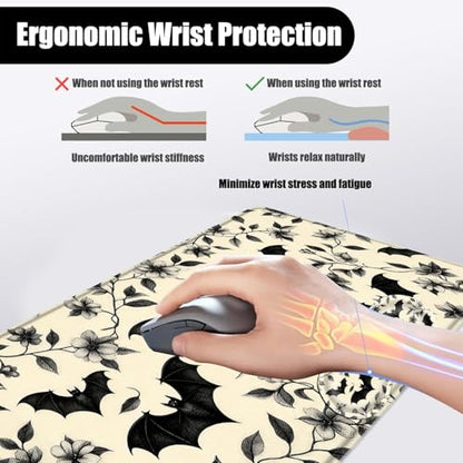 Mouse Pad,Large Desk Mat Set, 4in1 XL Mousepad + Keyboard Wrist Rest+Mouse Wrist Rest+Coaster with Ergonomic Desk Pad for Home Office Table Computer Cover -Floral Bats Pattern - color: Floral Bats Pattern