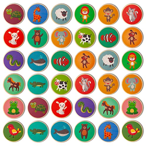 Montessori-Inspired Wooden Matching Game for Toddlers 2-4 Years - Durable, Scratch-Resistant 36 Card Set, Includes Carry Bag - Memory Game for Toddlers 2-4 Years - Cognitive Verbal Skills Development - size: Animals 36 cards