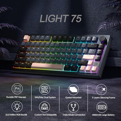MageGee LIGHT75 Wireless Creamy Keyboard, Tri-Mode Bluetooth/2.4GHz/USB-C RGB Backlit, Gasket Hot Swappable Custom Gaming Keyboard for Win/Mac/PC, with Knob, 4000mAh Battery, Grey - color: Grey Beige/Pink Bear Switch