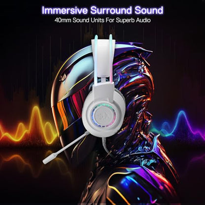 Redragon H231 Scream Wired Gaming Headset, Stereo Surround Sound, 40mm Drivers, Leather Foam Ear Pads, Noise-canceling Microphone, Dynamic RGB Lighting, Works with PC/PS4/PS5/NS/Xbox-one, White
