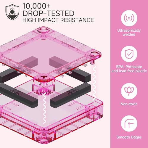 Mini Magnetic Tiles for Girls Travel: 60 PCS Pink Magnet Building Blocks in Tin Box to Stop Crying - 60 Mins Quiet Play 30s Cleanup Toy - Car Airplane Essentials Ages 3-8 - style: Pink 60PCS