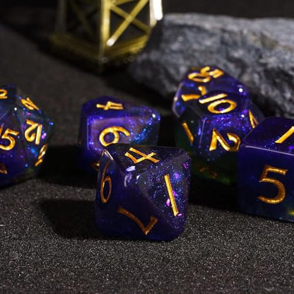 DND Dice Set Glitter Polyhedral Dice Purple-Green for Tabletop Games | Leather Storage Bag, DM Gift, for Dungeons and Dragons Role Playing Games - color: Glitter-purple&green