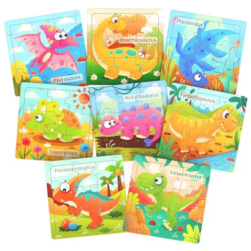 Zeoddler Wooden Puzzles for Toddlers, 8 Pack Dinosaur Jigsaw Puzzles for Kids3-5, 9 Pieces Preschool Learning Activities, Learning & Educational Puzzles, Gift for Boys, Girls - style: Dinosaur
