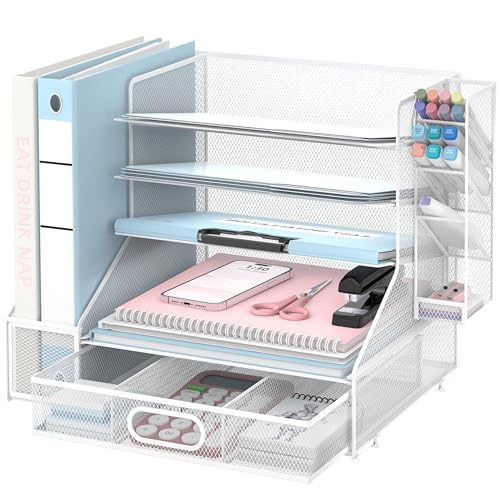 Desk Organizer with 5 Tier File Holder and Sliding Drawer Pen Holder White | Paper Letter Tray with 3 Tilted File Sorters to Keep Desk Accessories and Office Supplies within Reach - color: White