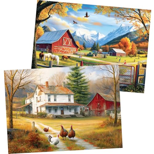 2 Pack 300 Pieces Puzzle for Adults,Autumn Puzzle Farm Jigsaw Puzzles 300 Pieces for Adults Kids Seniors Countryside Jigsaw Puzzle Premium Cardboard Puzzles for Tabletop Family Activity Gift - style: Farm Countryside