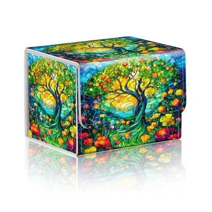 Trading Card Storage Box, Holds 100+ for MTG Cards, Premium PU Leather with Magnetic Closure, Stained Glass Tree And Flowers Durable Deck Box for Magic the Gathering, Trading Card Games - color: Stained Glass Tree And Flowers
