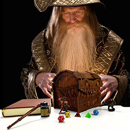 Mimic Chest for Dungeons and Dragons Tower with Tray Wood Laser Etched Cthulhu Portable and Collapsible Dice Roller Perfect for Board Game and Tabletop RPG