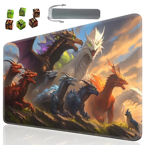 Board Game for TCG Playmat Table Mats Games Size 60X35 cm Mousepad Compatible for MTG RPG CCG Trading Card Game Play mats with 6 Dice (Playmat 106) Color Dragon Family - color: Sotw-playmats-1-106