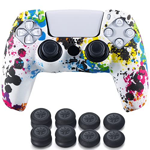 Studded Printing Silicone Cover Skin Case for PS5 Controller x 1(Graffiti) with Pro Thumb Grips x 8