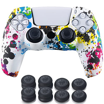Studded Printing Silicone Cover Skin Case for PS5 Controller x 1(Graffiti) with Pro Thumb Grips x 8