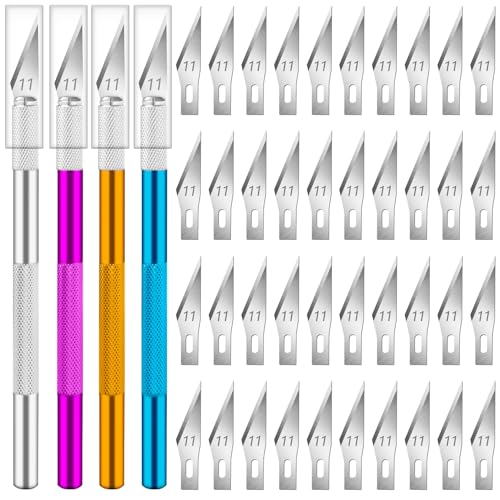 DIYSELF 4 Exacto Knives with 40 No. 11 Blades for Crafting | Precision exacto knife set for scrapbooking, stencils, modeling, artwork and detailed cutting - color: Purple-gold-blue-silver