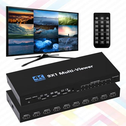 HDMI MultiViewer Switch 9x1, Seamless HDMI Quad MultiViewer Switcher 9 in 1 Out with IR Remote Control, Support 1080P@60Hz and 10 Viewing Modes - size: 9x1 HDMI Multiviewer Switch