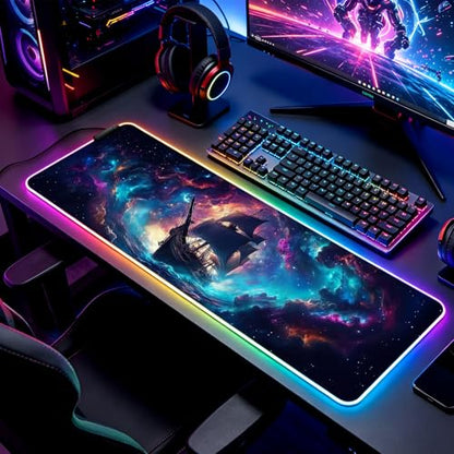 RGB Fantasy Pirate Ship Gaming Desk Mat, Computer Keyboard Large Extended Long LED Mouse Pad for Office and Home, XL (W01) - color: Rgb-w01