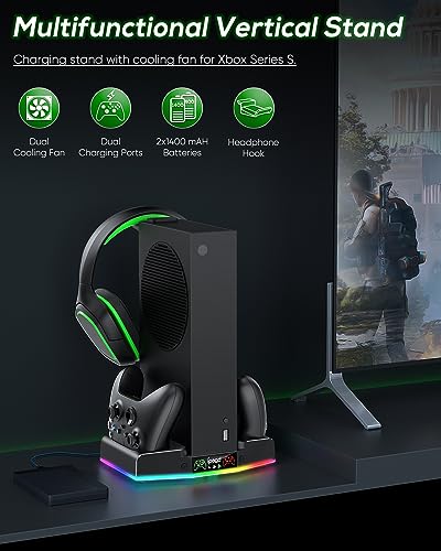 Cooling Stand & Charge Station for Xbox Series S with RGB Light Strip,Black | Dual Controller Charger & Cooler Fan for XSS Console Accessories with 2*1400mAH Rechargeable Battery Pack,1*Headphone Hook - color: Black