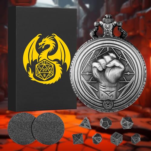 Mini DND Dice Set with Steampunk Monk (Fist) Pocket Watch Case, Tiny 7PCS Polyhedral Metal D&D Dice, DND Gifts with Gift Box, Role Playing Game Board Game Accessories Dice, Dark Silver - color: Dark Silver