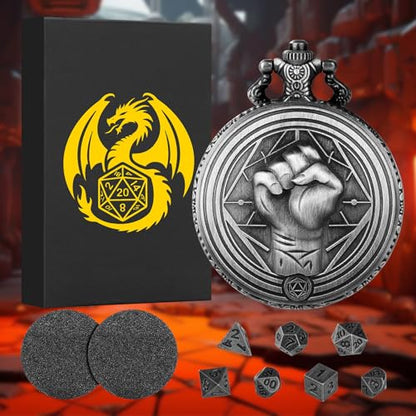 Mini DND Dice Set with Steampunk Monk (Fist) Pocket Watch Case, Tiny 7PCS Polyhedral Metal D&D Dice, DND Gifts with Gift Box, Role Playing Game Board Game Accessories Dice, Dark Silver - color: Dark Silver