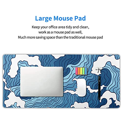 Japanese Blue and White Wave Gaming Mouse Pad XXL Anime Sea Texture Extended Large Desk Mat Big Mousepad Non-Slip Rubber Base Stitched Edge Long Mousepad for Desktop PC Computer Gamer, 35.4 x 15.7 in - color: Blue Wave, size: 15.7" x 35.4"