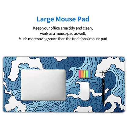 Japanese Blue and White Wave Gaming Mouse Pad XXL Anime Sea Texture Extended Large Desk Mat Big Mousepad Non-Slip Rubber Base Stitched Edge Long Mousepad for Desktop PC Computer Gamer, 35.4 x 15.7 in - color: Blue Wave, size: 15.7" x 35.4"