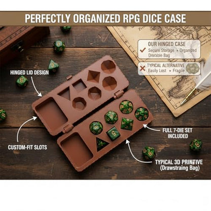 Portable D&D Dice and Miniature Storage Box with Bonus 7-Piece Glitter Green Polyhedral Dice Set - Hinged Lid with Secure Click Clasp (Third-Party RPG Accessory)