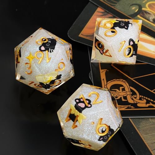 DND Cat Dice Set for Role Playing Gaming with Box, Sticker Sharp Edged Polyhedral Resin DND Dice Set with Cute Black Cat ＆ Yellow Image, D% D20 D12 D10 D8 D6 D4 Dice RPG MTG Gift (White) - color: White-yellow, style: Cat