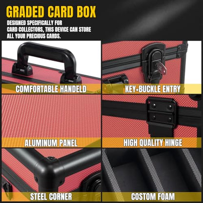 Graded Card Storage Box – Aluminum Alloy Trading Cards Case Holds 140+ Graded Cards, Sports Card Storage Box with Lock, Fits PSA, CSG, BGS (Large Red) - color: 4 Row-Red