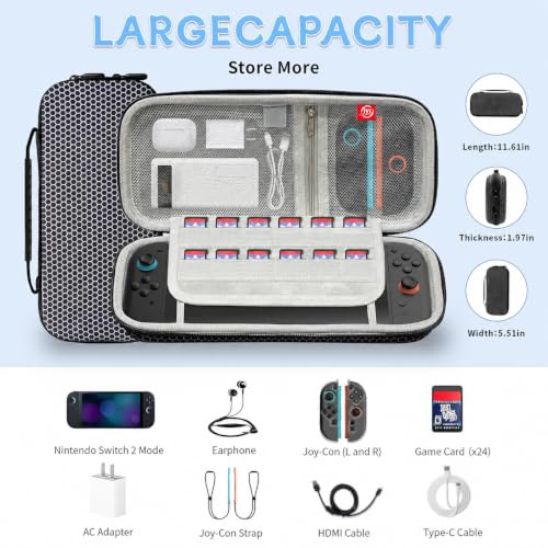 Carrying Case for Nintendo Switch 2 2025 Holds 24 Cartridges w/Pockets | 11.61-inch hard EVA shell with 24 game card slots, zippered pocket, soft lining, wrist strap, and accessory storage, Black - style: Carrying Protective Case