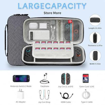 Carrying Case for Nintendo Switch 2 2025 Holds 24 Cartridges w/Pockets | 11.61-inch hard EVA shell with 24 game card slots, zippered pocket, soft lining, wrist strap, and accessory storage, Black - style: Carrying Protective Case